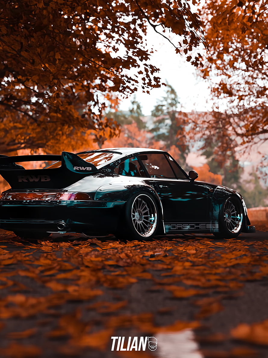 RWB Porsche 911 Widebody in Autumn Foliage with Teal Paint and Large Rear Wing HD phone wallpaper