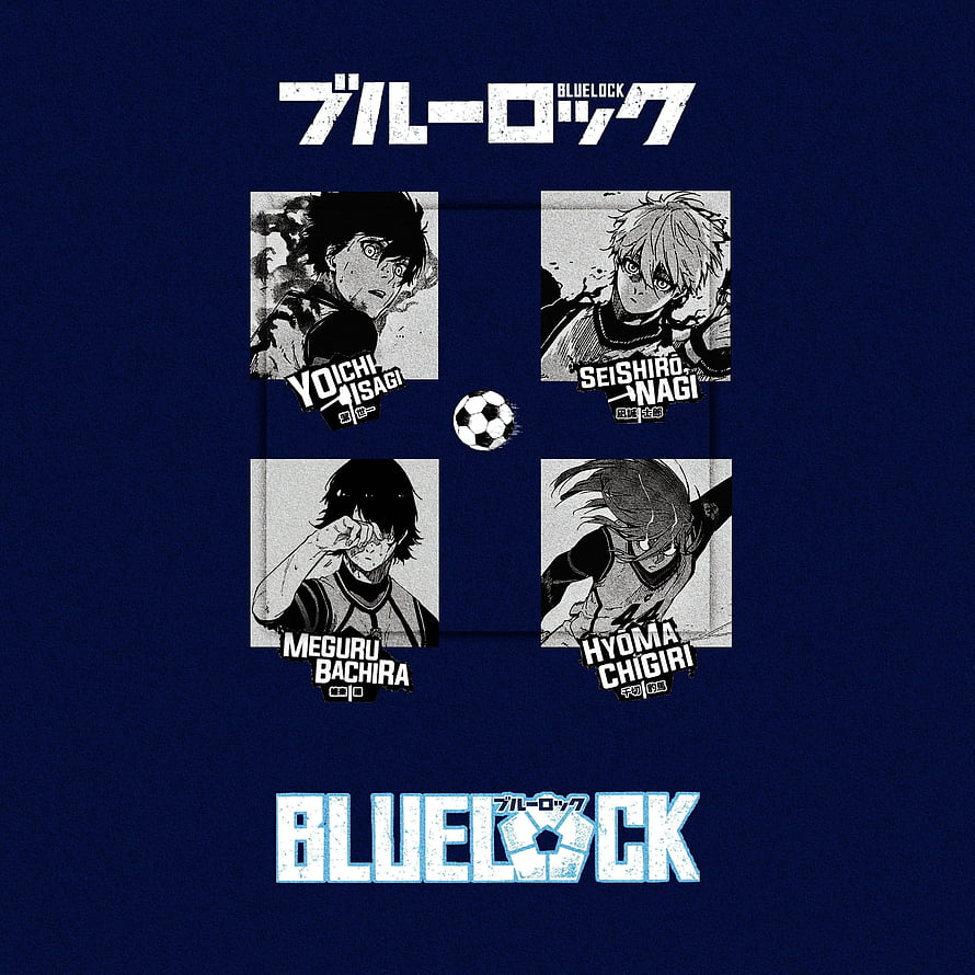 Blue Lock Anime Poster Featuring Isagi, Nagi, Bachira, and Chigiri in Grayscale Manga Panels HD phone wallpaper