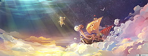 One Piece Thousand Sunny sailing through clouds and starry sky with Luffy HD wallpaper