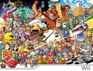 Wii Retroactive 2 Poster Featuring Classic Video Game Characters and Arcade Icons HD wallpaper