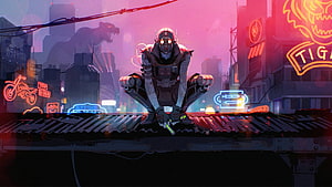 Octane from Apex Legends Crouching on a Neon-Lit Cyberpunk Rooftop HD wallpaper