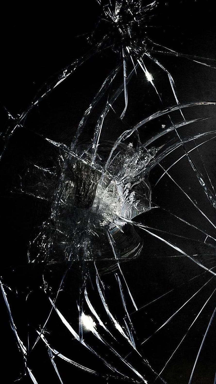 Shattered Glass Texture on Black Background with Impact Cracks HD phone wallpaper