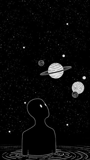 Minimalist Black and White Illustration of Alien Silhouette Gazing at Ringed Planets in Starry Space HD phone wallpaper