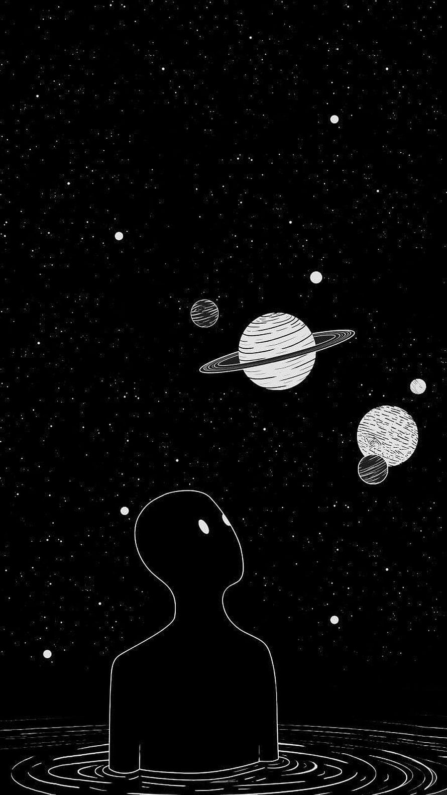 Minimalist Black and White Illustration of Alien Silhouette Gazing at Ringed Planets in Starry Space HD phone wallpaper