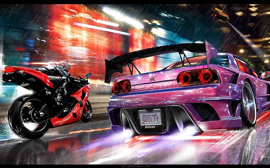 Nissan GT-R R35 and Kawasaki Ninja Racing in Rainy Night City HD wallpaper