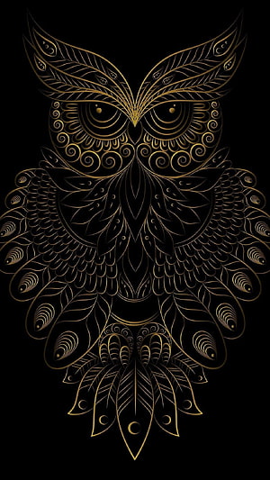 Ornamental Gold Owl Line Art on Black Background HD phone wallpaper