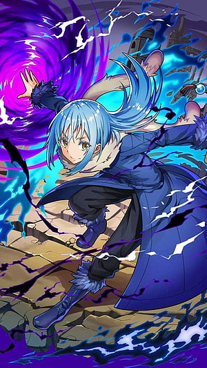 Rimuru Tempest unleashing magical energy in dynamic anime action scene HD phone wallpaper
