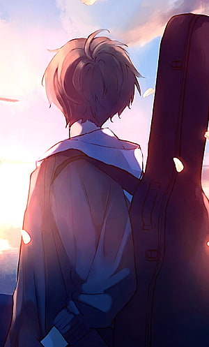 Anime Boy With Guitar Case At Sunset HD phone wallpaper