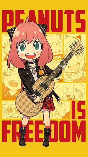 Chibi Anime Girl with Pink Hair Playing Electric Guitar in Punk Rock Outfit HD phone wallpaper