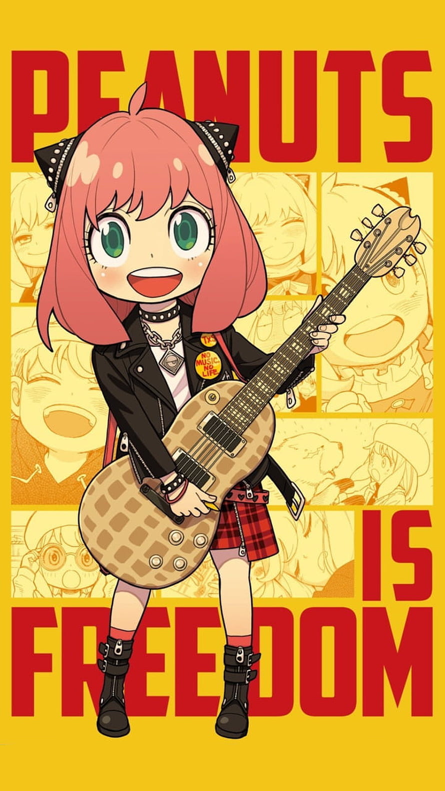 Chibi Anime Girl with Pink Hair Playing Electric Guitar in Punk Rock Outfit HD phone wallpaper