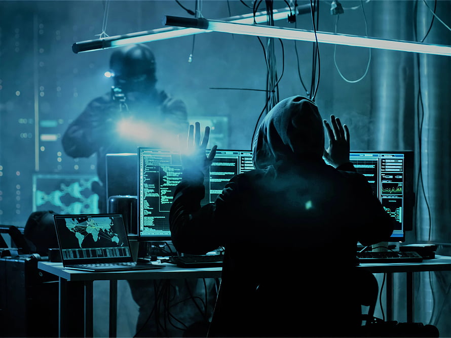 Hacker Confronted By Armed Officer In Dark Server Room With Multiple Monitors HD wallpaper