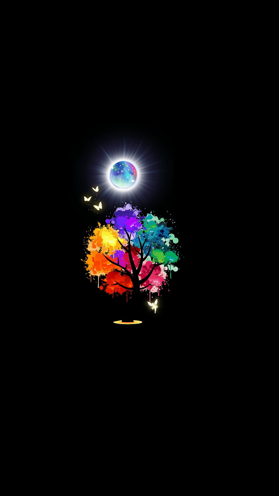 Colorful Rainbow Tree With Glowing Galaxy Moon And Butterflies On Black Background HD phone wallpaper
