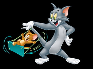 Tom and Jerry Cartoon Characters Playing on a Swing Against a Black Background HD wallpaper