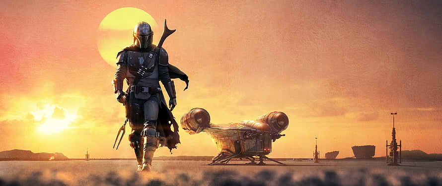 The Mandalorian Walking Away From The Razor Crest Ship On A Desert Planet At Sunset, Dual Monitor Mandalorian, Mandalorian Dual Screen HD wallpaper