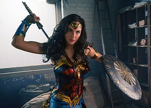 Wonder Woman in Classic Blue and Gold Armor Holding Sword and Shield in Dim Warehouse, Wonder Woman, babe, model, cosplay, woman HD wallpaper