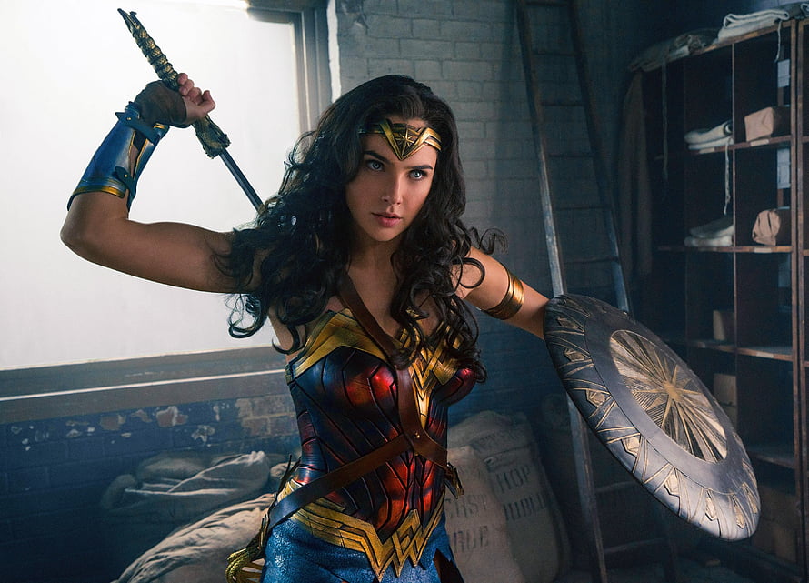 Wonder Woman in Classic Blue and Gold Armor Holding Sword and Shield in Dim Warehouse, Wonder Woman, babe, model, cosplay, woman HD wallpaper