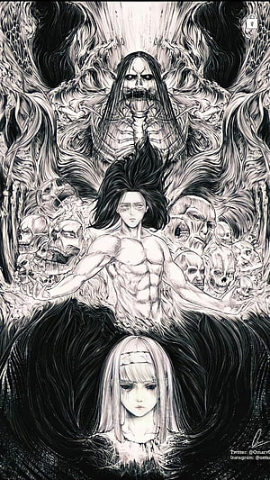 Attack on Titan Eren Yeager and Ymir Fan Art with Colossal Titan and Skulls HD phone wallpaper