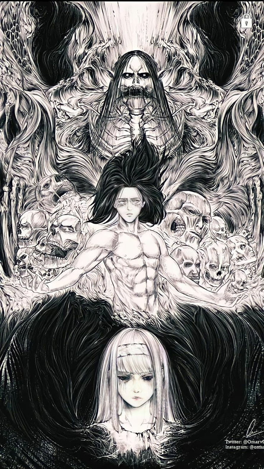 Attack on Titan Eren Yeager and Ymir Fan Art with Colossal Titan and Skulls HD phone wallpaper