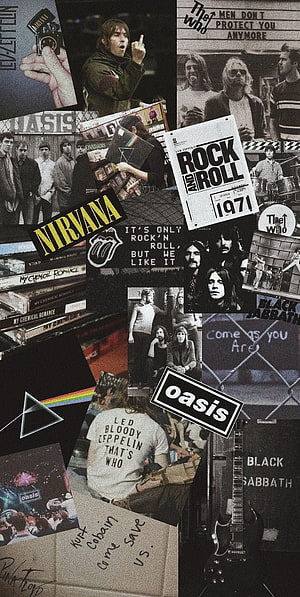 Rock and Roll Music Collage Featuring Nirvana, Oasis, Led Zeppelin, and Black Sabbath HD phone wallpaper