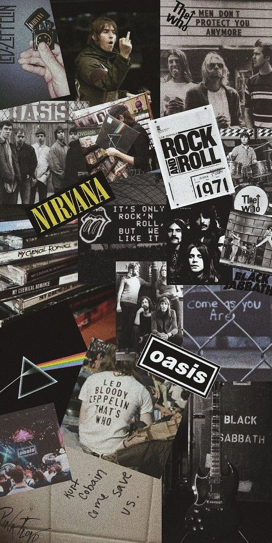 Rock and Roll Music Collage Featuring Nirvana, Oasis, Led Zeppelin, and Black Sabbath HD phone wallpaper