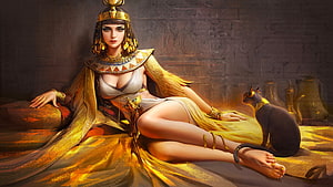 Digital Art of an Ancient Egyptian Queen in Golden Regalia with a Sacred Cat HD wallpaper