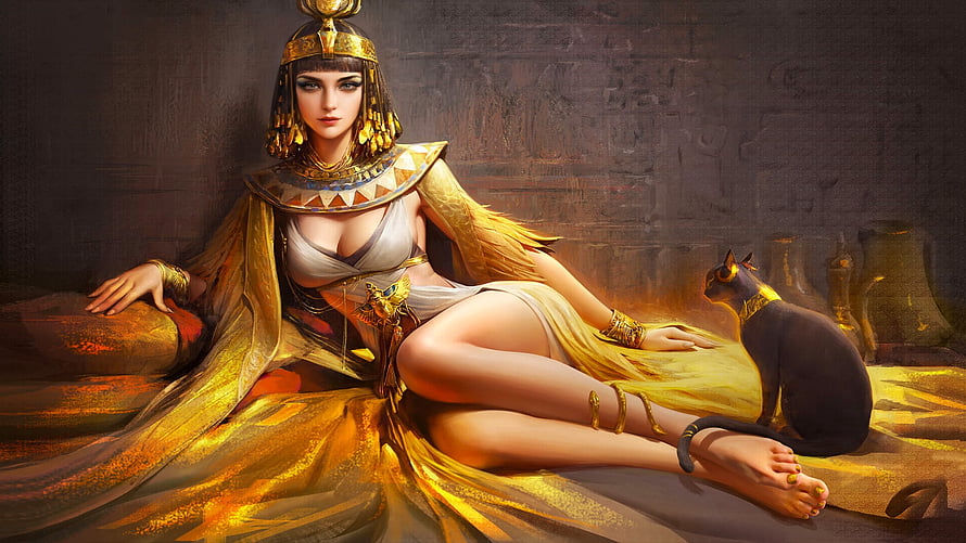 Digital Art of an Ancient Egyptian Queen in Golden Regalia with a Sacred Cat HD wallpaper