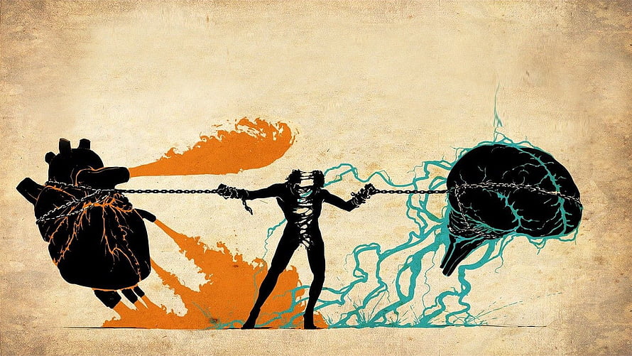 Silhouette of a person chained between a flaming heart and an electric brain, representing the struggle between emotion and logic HD wallpaper