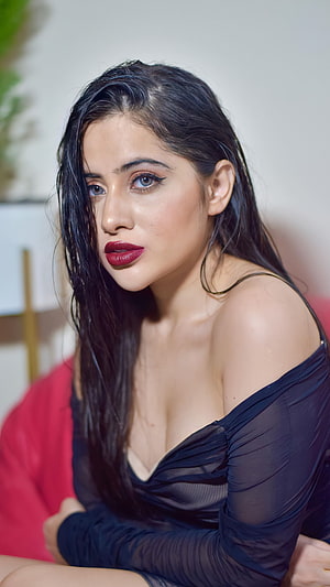 Urfi Javed in a Black Sheer Off-Shoulder Top with Wet Hair and Bold Red Lipstick HD phone wallpaper
