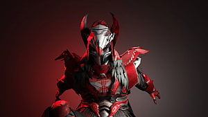 Red and Black Armored Warrior Character with Horned Helmet and Spiked Armor HD wallpaper