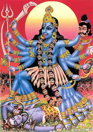 Blue-skinned Hindu goddess Kali with multiple arms holding weapons, standing over Shiva, wearing garland of heads, traditional Indian mythology artwork HD phone wallpaper