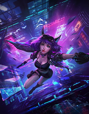 Cyberpunk Anime Girl with Purple Hair and Cat Ears in Neon City HD phone wallpaper