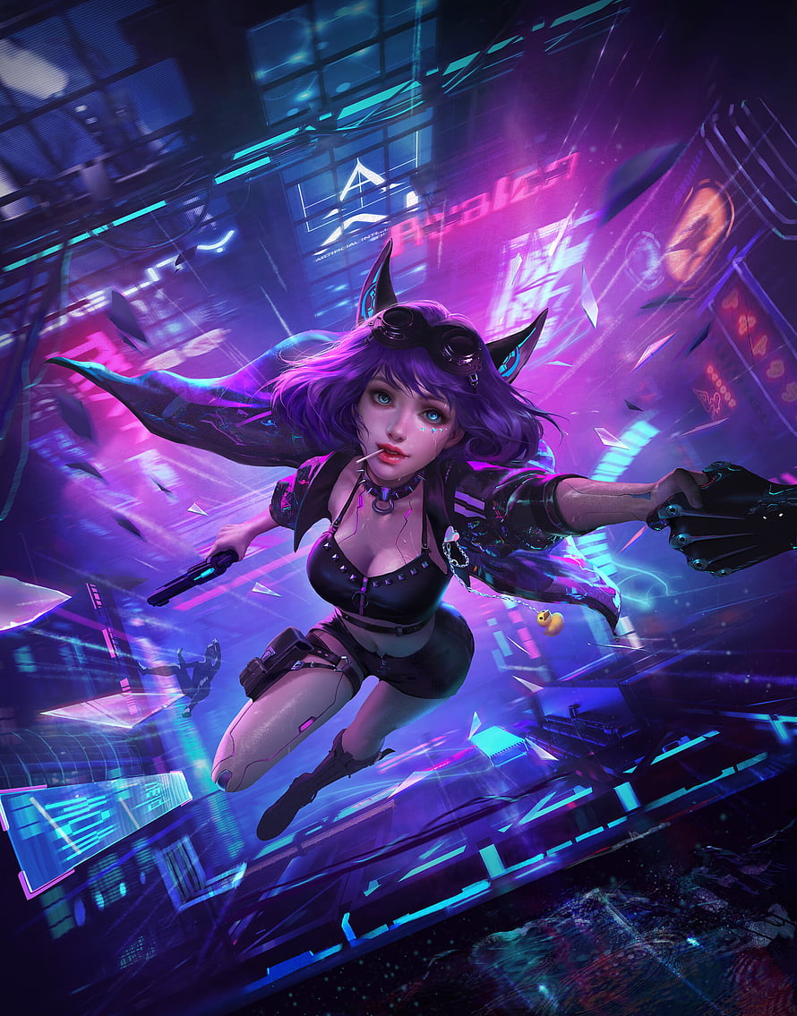 Cyberpunk Anime Girl with Purple Hair and Cat Ears in Neon City HD phone wallpaper