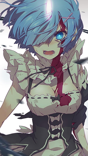 Blue Haired Android Girl in Tattered Dress with Blood Stains and Intense Blue Eyes HD phone wallpaper