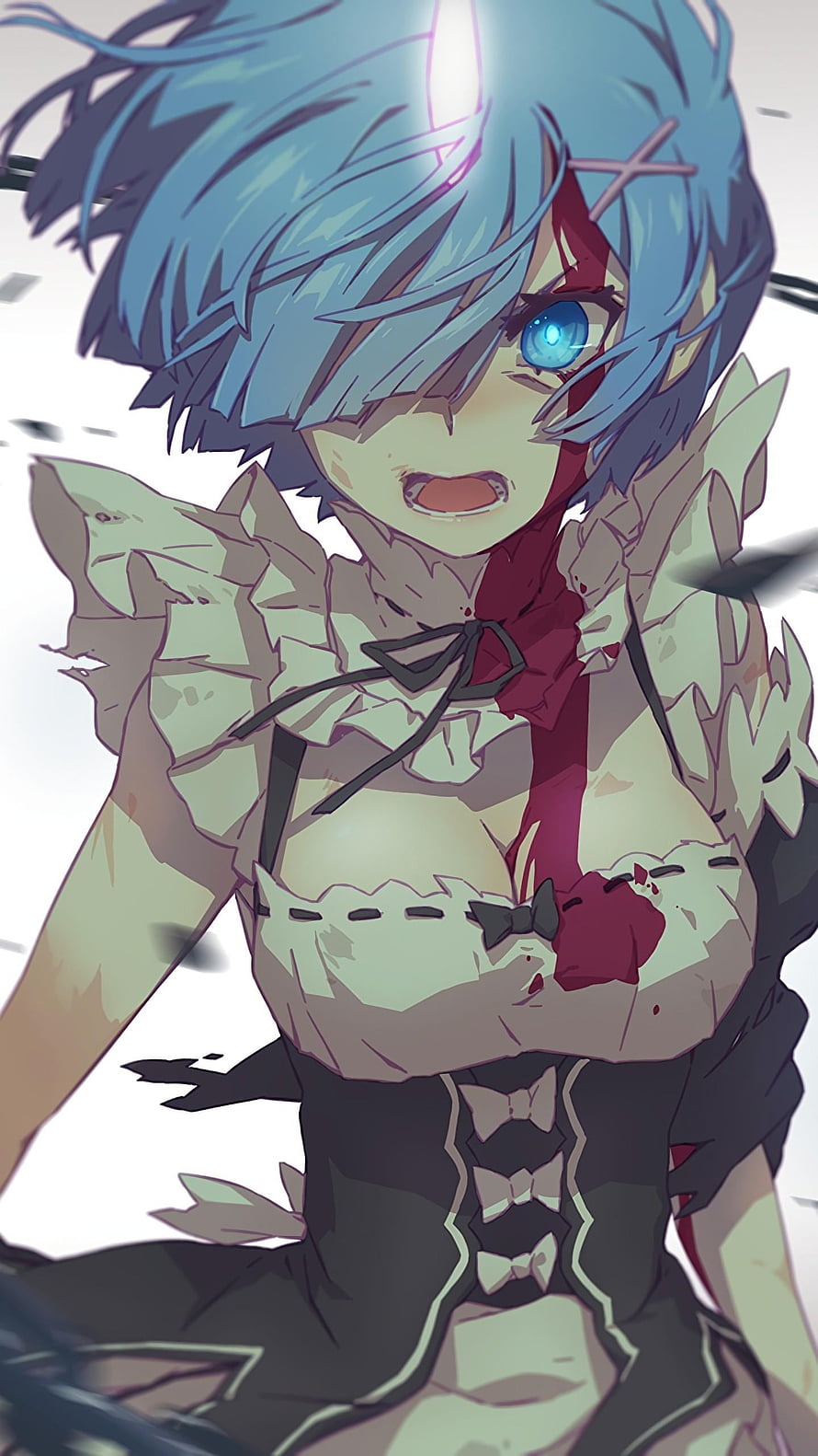 Blue Haired Android Girl in Tattered Dress with Blood Stains and Intense Blue Eyes HD phone wallpaper
