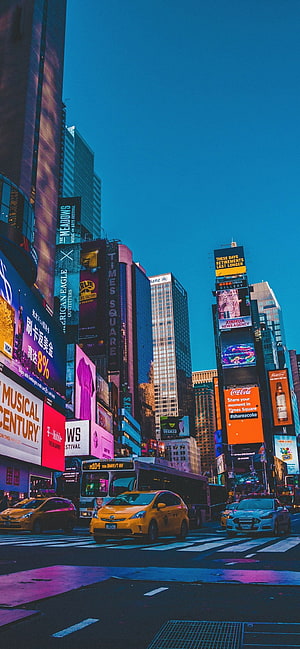 Times Square New York City Night Skyline with Neon Billboards and Yellow Taxis HD phone wallpaper