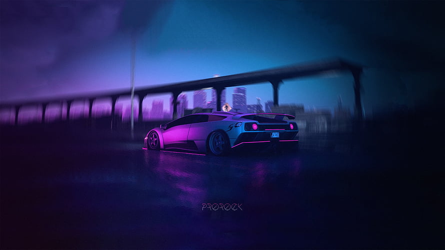 Neon-lit sports car on a rain-slicked highway at night with a glowing city skyline in the distance HD wallpaper