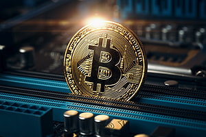 Golden Bitcoin Coin Resting on a Blue Circuit Board with Dramatic Lighting HD wallpaper