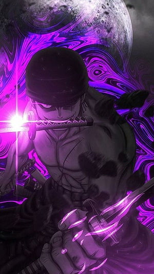 Zoro Roronoa Wielding Swords With Purple Aura And Moon Background HD phone wallpaper