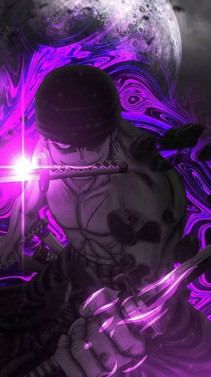 Zoro Roronoa Wielding Swords With Purple Aura And Moon Background HD phone wallpaper