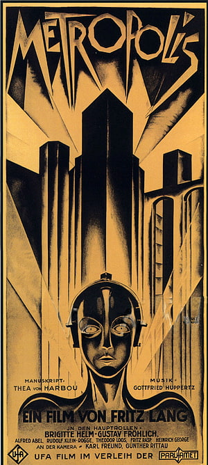 Metropolis Movie Poster Featuring Robot Maria and Futuristic Cityscape HD phone wallpaper