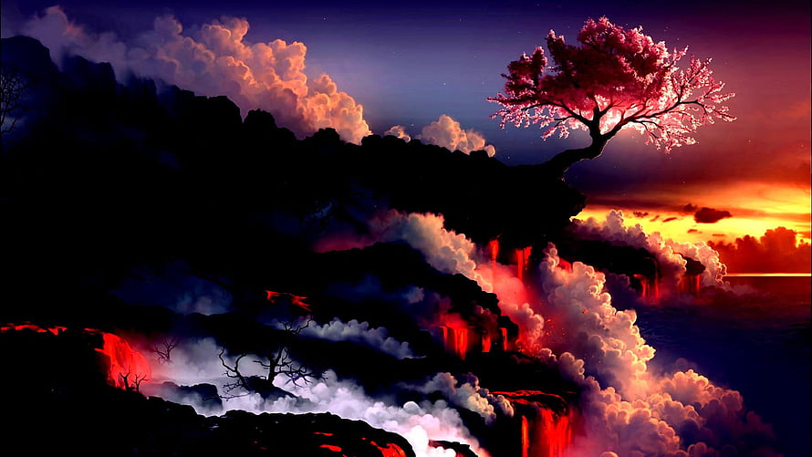 Fantasy Landscape With Glowing Pink Tree And Lava Waterfalls At Sunset HD wallpaper