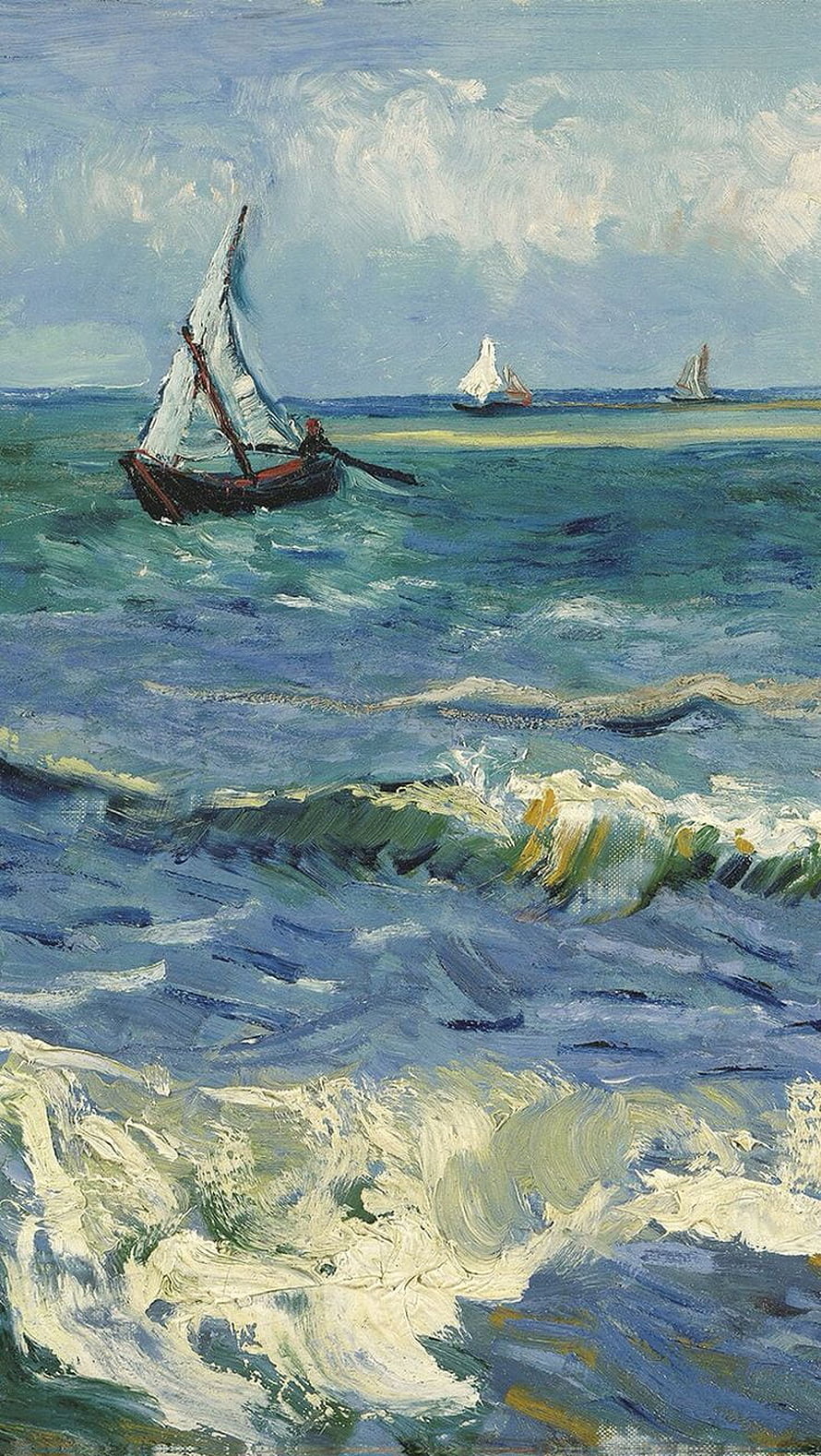 Impressionist Oil Painting of Sailboats on a Turbulent Sea with Breaking Waves HD phone wallpaper