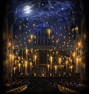 Hogwarts Great Hall with floating candles and enchanted starry ceiling HD phone wallpaper