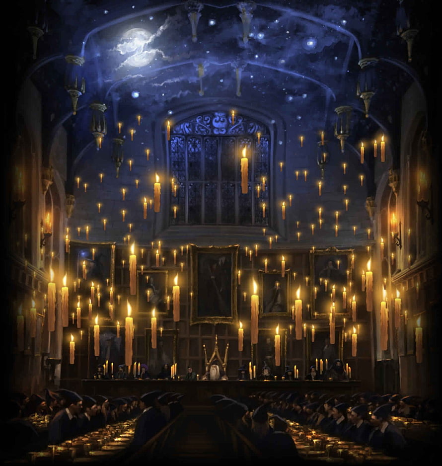 Hogwarts Great Hall with floating candles and enchanted starry ceiling HD phone wallpaper