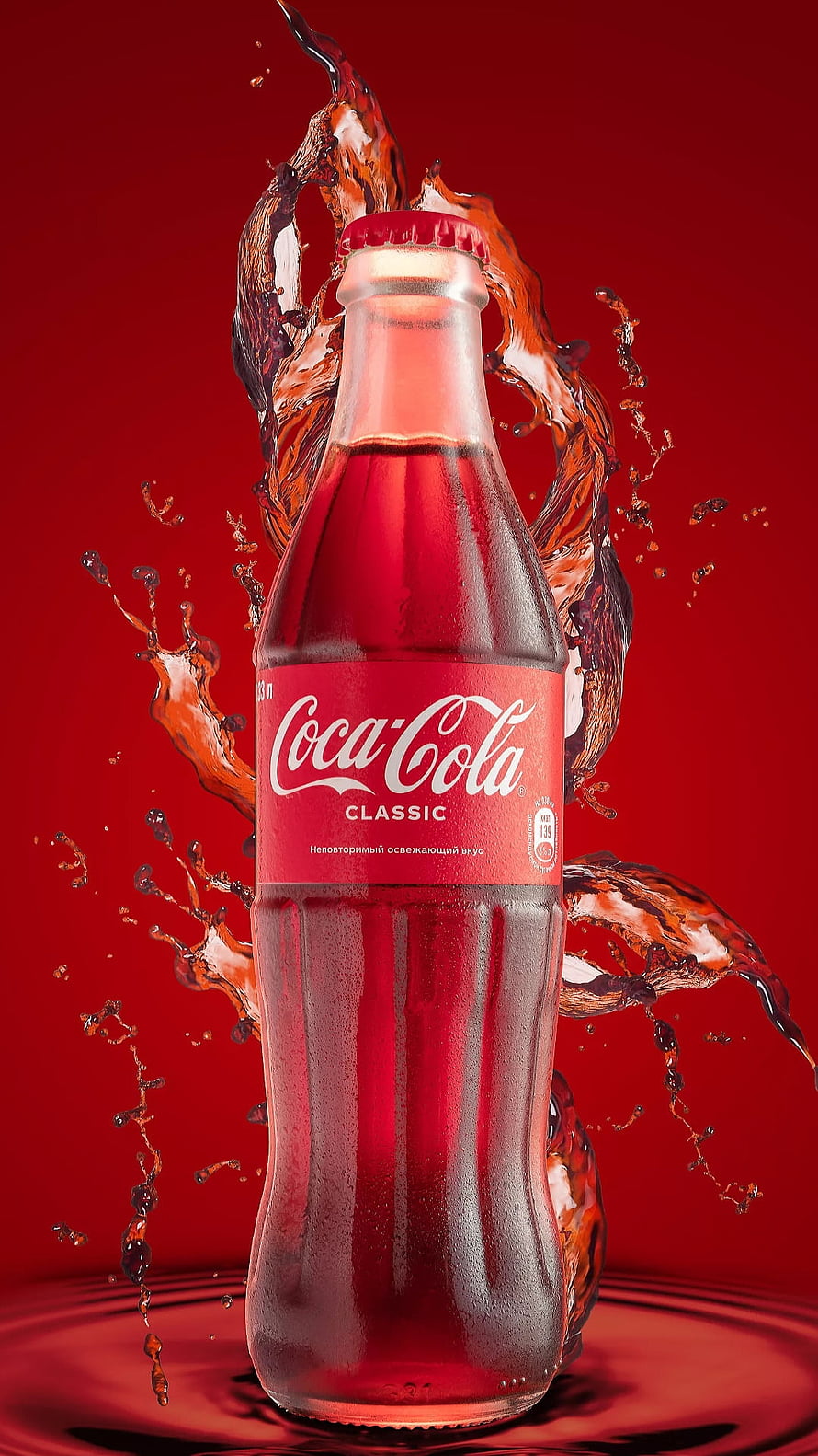 Coca-Cola Classic Glass Bottle with Dynamic Liquid Splash on Red Background HD phone wallpaper
