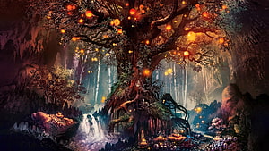 Enchanted Fantasy Forest with Glowing Orange Lanterns and Ancient Tree HD wallpaper