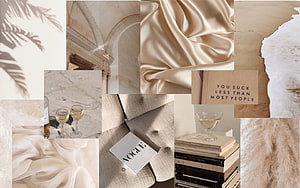 Beige Aesthetic Mood Board Featuring Silk Textures, Vogue Magazine, and Elegant Interior Details HD wallpaper