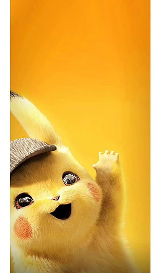 Detective Pikachu Waving with Hat on Yellow Background HD phone wallpaper