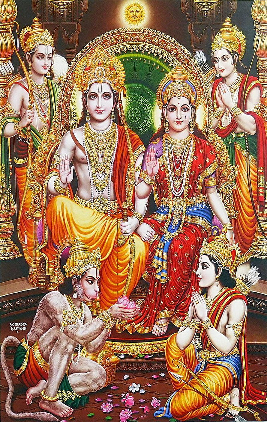 Ram Darbar with Sita, Hanuman, Lakshmana, and Sugriva in Traditional Indian Art HD phone wallpaper