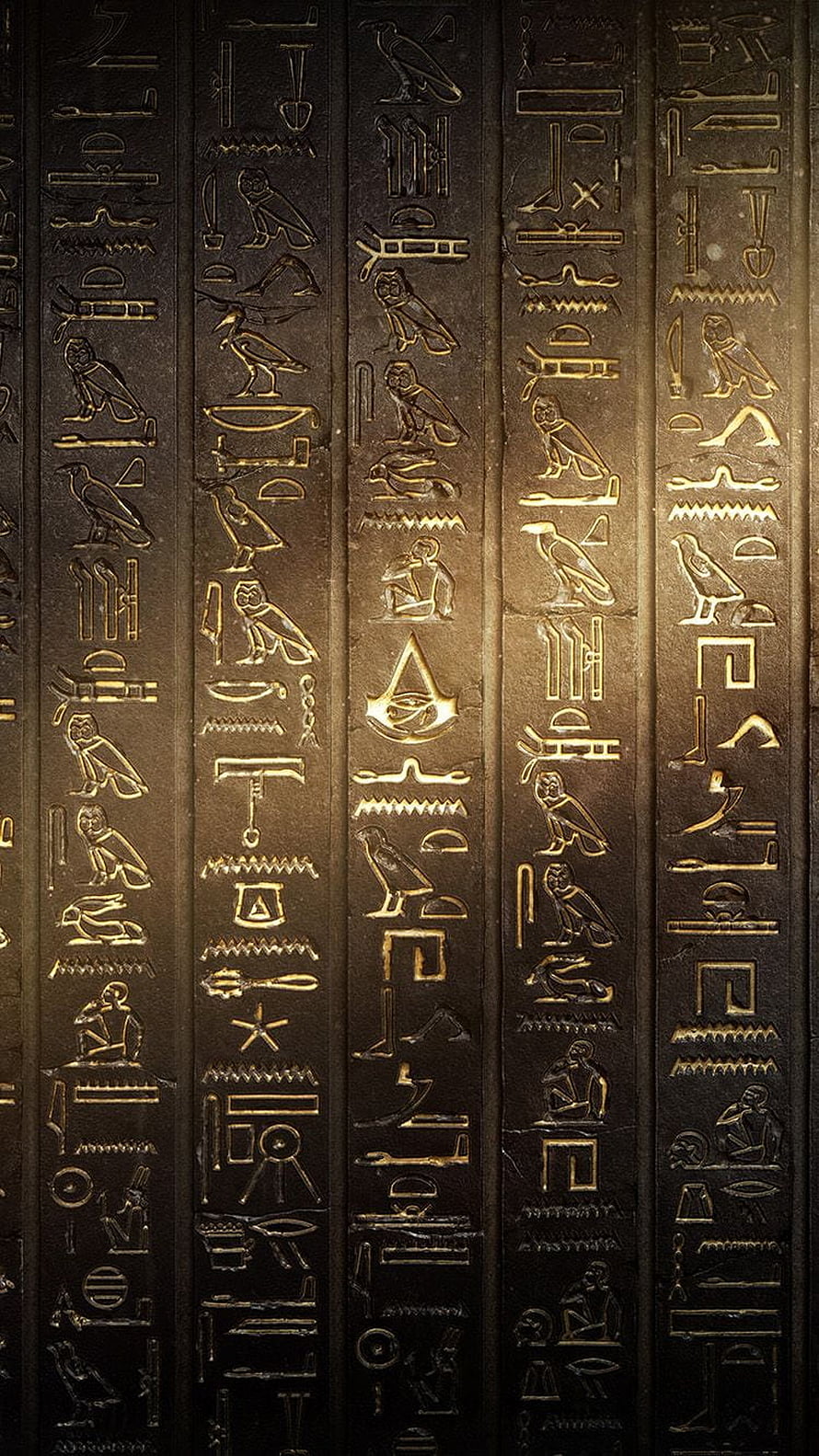 Assassin's Creed Origins Egyptian Hieroglyphic Wall Carving with Golden Eye of Horus Symbol HD phone wallpaper